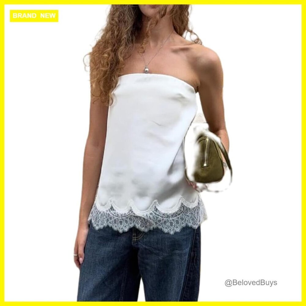 Satin Lace Tube Top Strapless Asymmetrical Off Shoulder Bandeau Shirt - Picture 1 of 5